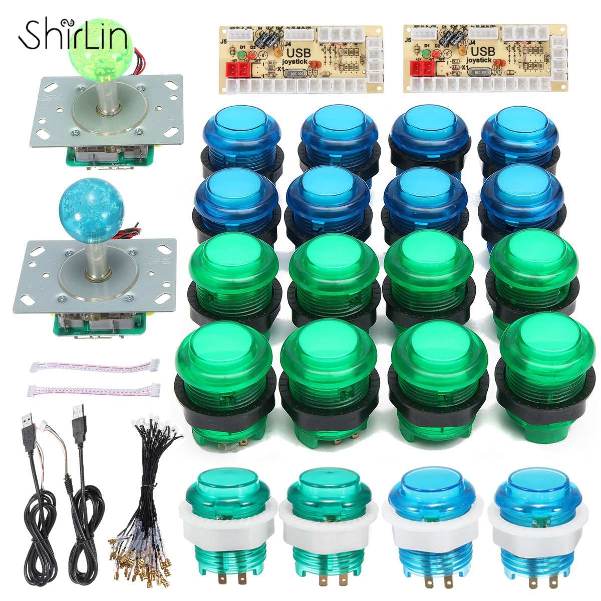 DIY Joystick Arcade Kits 2 Players With 20 LED Arcade Buttons + 2 Joysticks + 2 USB Encoder Kit + Cables Arcade Game Parts Set