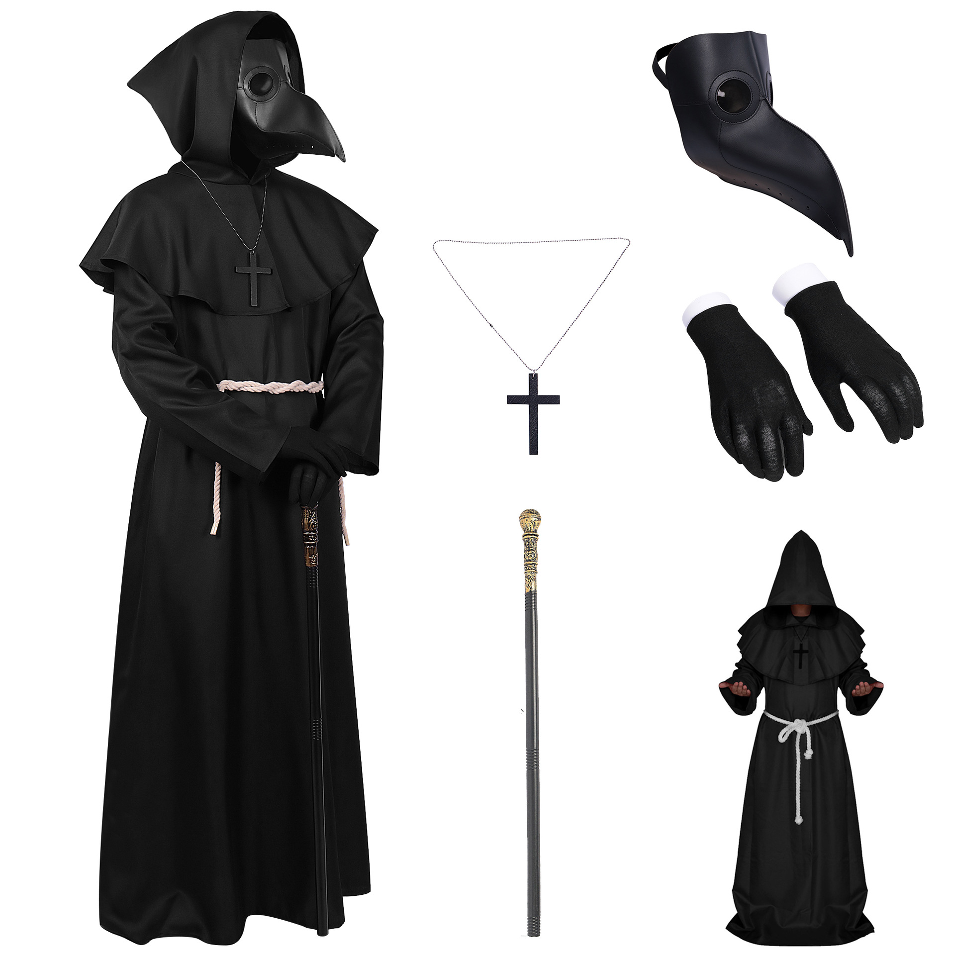 Costume cosplay di Halloween Abito da prete medievale Monaco Sacerdote Mantello da mago Set di maschere da medico della peste Accessori da palcoscenico Puntelli per feste