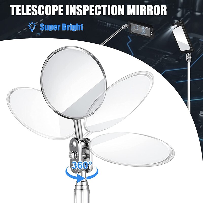 4 Pcs Telescoping Inspection Mirror LED Lighted Flexible Inspection Mirror Round Mirror Square Mirror Inspection Tool