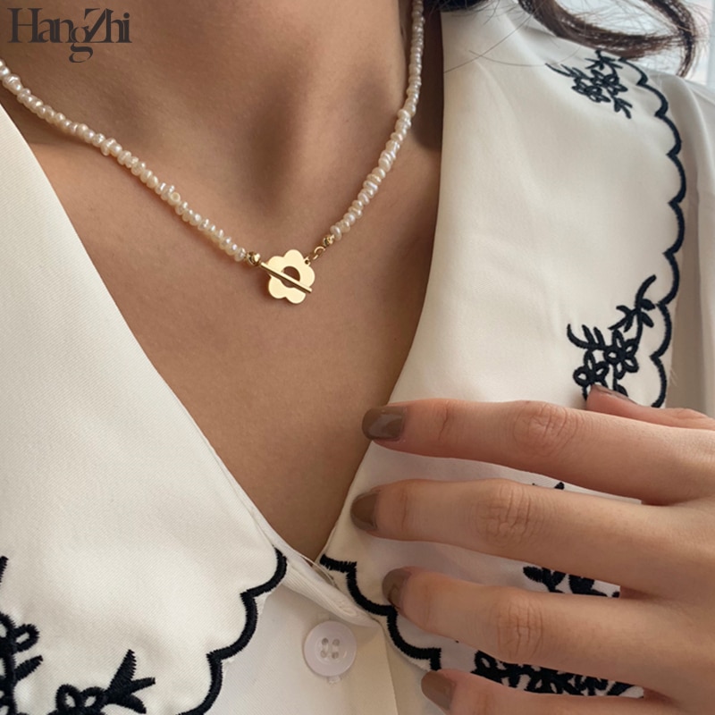 Hangzhi Eenvoudige Natuurlijke Parels Ot Gesp Goud Zilver Kleur Bloemen Metalen Kralen Ketting Ketting Ketting Voor Vrouwen
