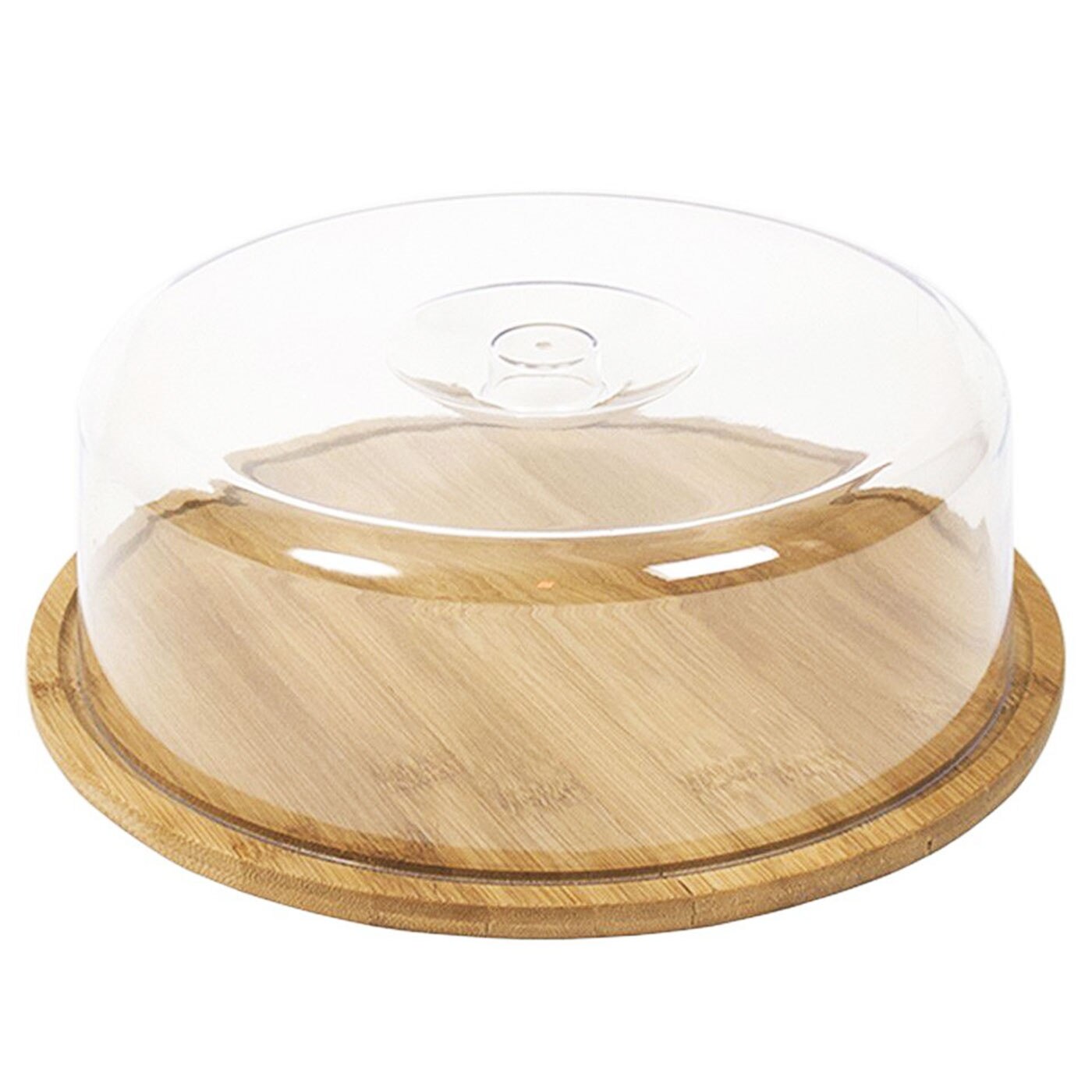 Quesera redonda con tapa de plástico y base de madera 28 x 9,4 cm. Recipiente para conservar queso o embutidos