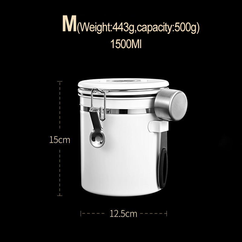 Recipiente de almacenamiento para granos de café, recipiente hermético de acero inoxidable sellado con válvula de CO2, mantiene los cereales frescos, tarro de té y caramelo: 1500ML-White