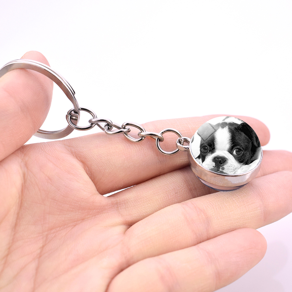 Men's Boston Terrier Keychain Black and White Dog Photo Glass Ball Pendant Keyring Decoration Pendant for Women