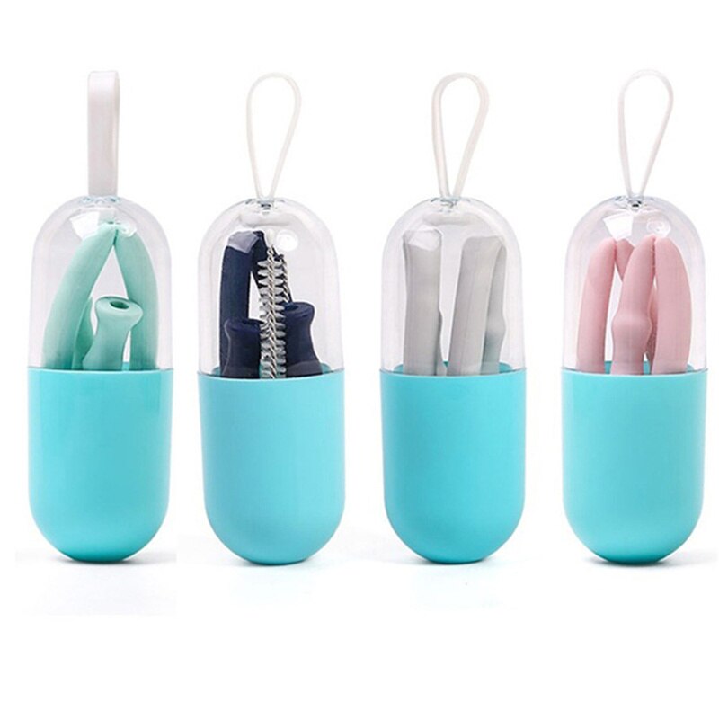 Bar Tools Foldable Silicone Straw Set Portable Drinking For Travel Reusable With Brush Flexible Chewy And Safe Easy To Remove