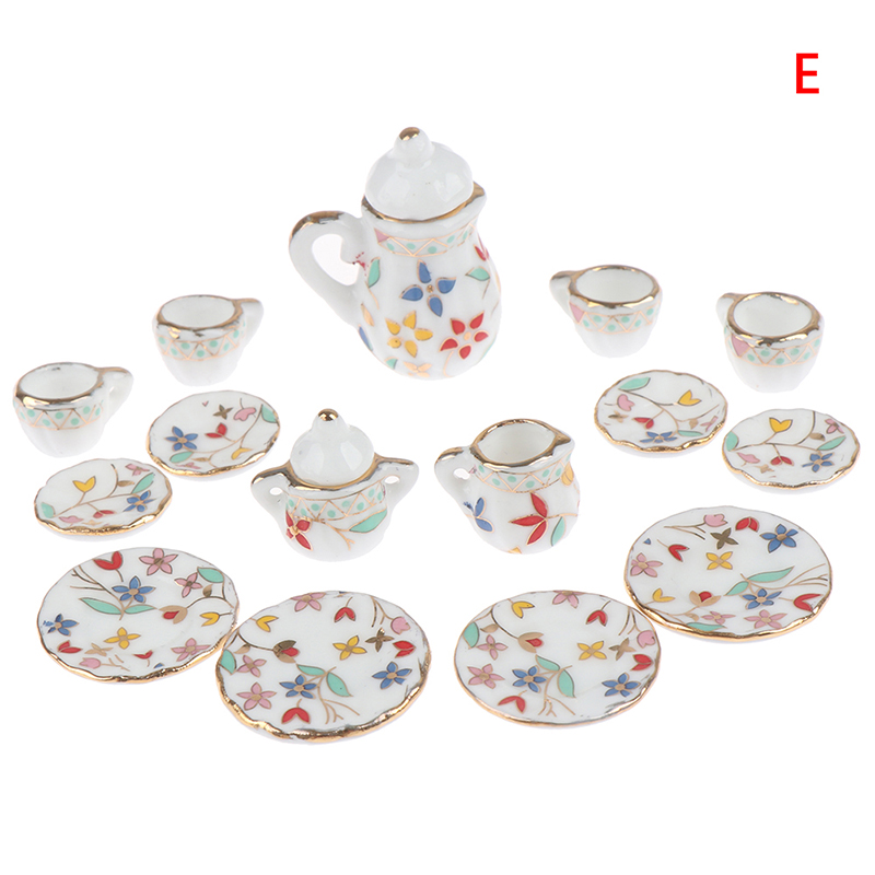 1:12 Miniature 17PCS Porcelain Tea Cup Set Chintz Flower Tableware Kitchen Dollhouse: E