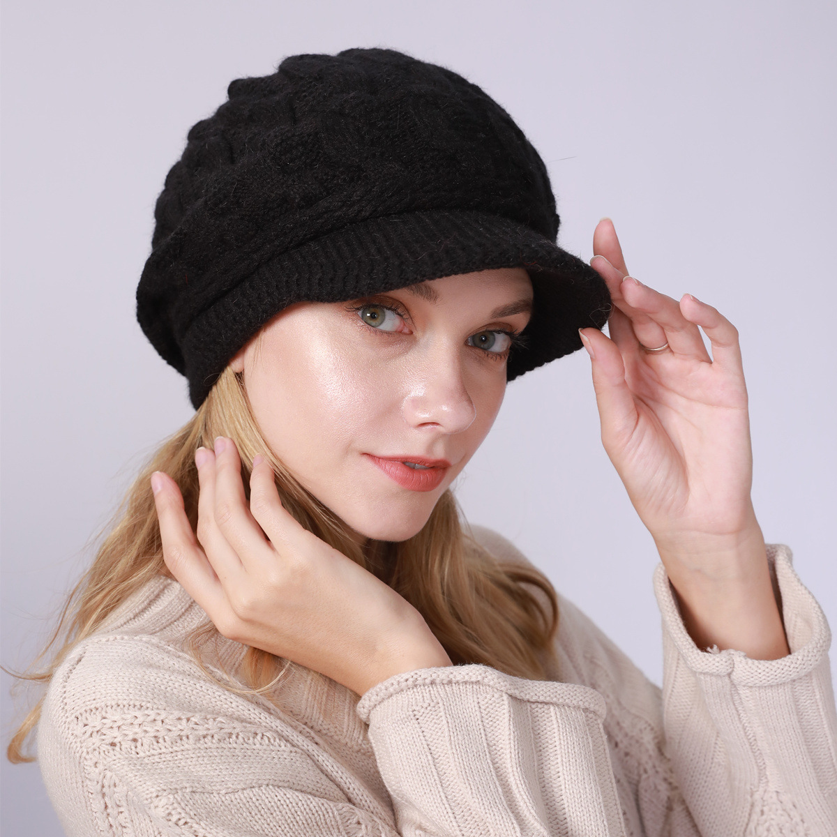 Autumn Winter Women Warm Beret Hats Knitted Berets Female Plush Beanies Hat Outdoor Lady Rabbit Wool Knit Flap Caps: Black