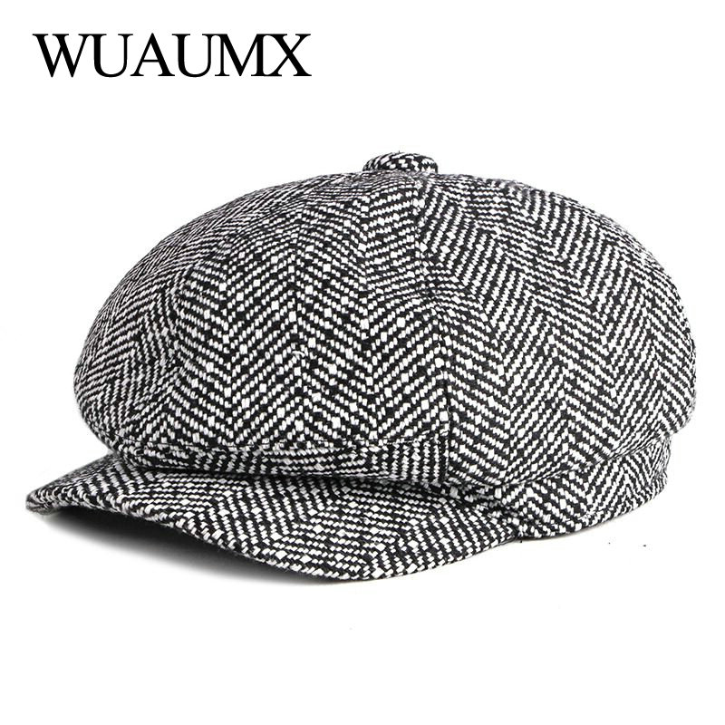 Wuaumx Newsboy Caps Men Women Tweed Octagonal Hat Eight-blade Cap Detective Hats Autumn Winter Herringbone Flat Caps chapeau