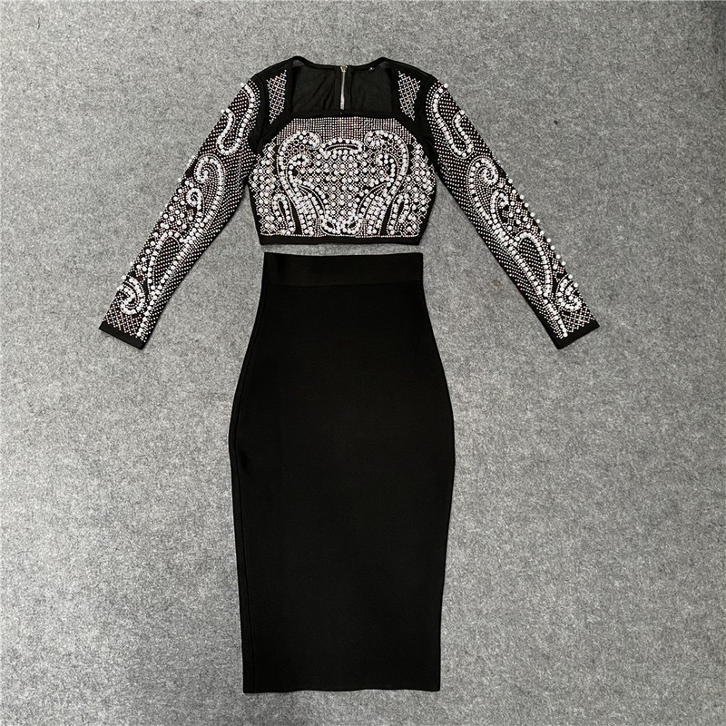 oben Promi Weiß Zwei Stücke Gesetzt Perle Perlen Aushöhlen Kunstseide Verband Kleid Party Kleid Vestidos: L / Schwarz