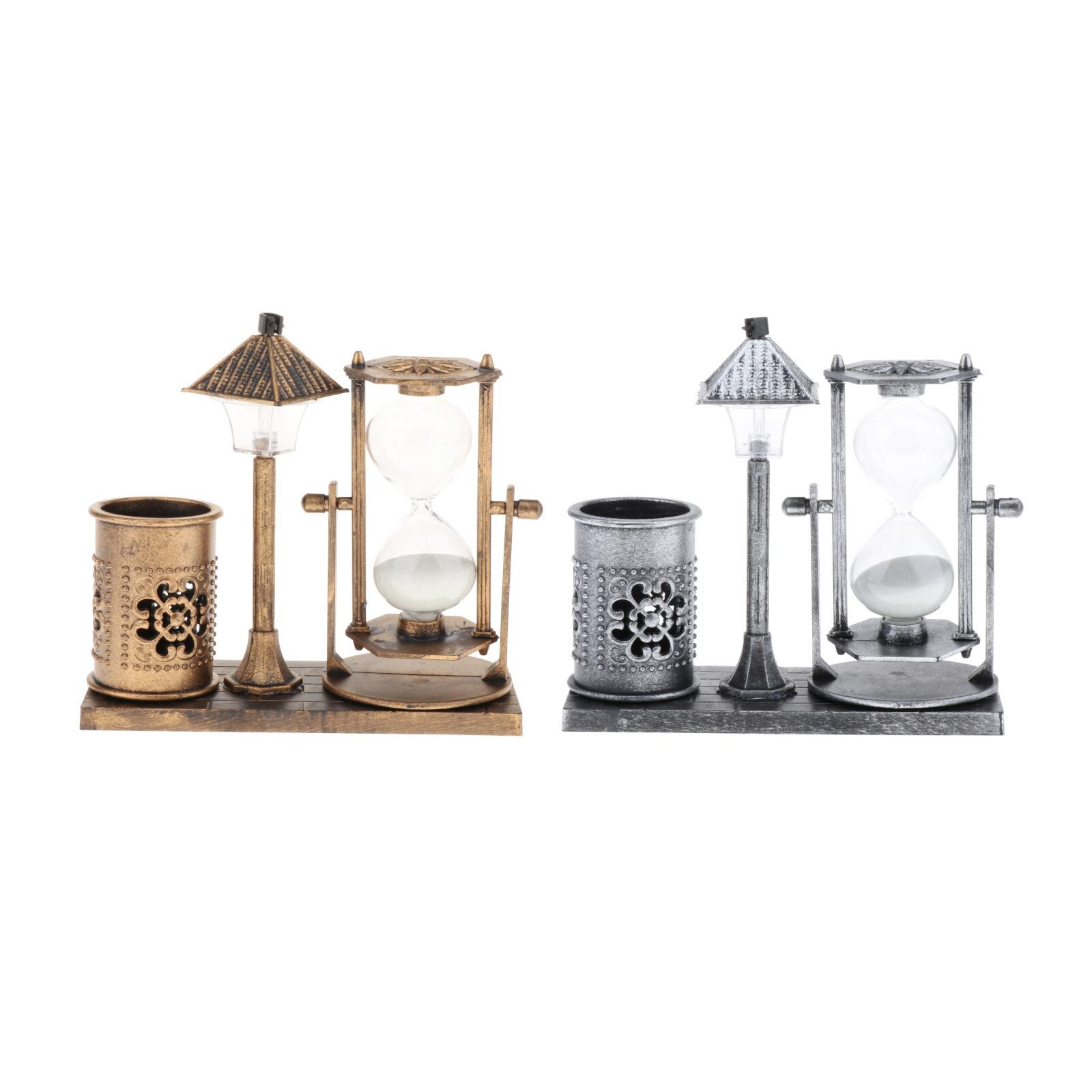 Retro Unique Hourglass Pen Holder with Built-in Light Crafts Glass Sand Timer Ornament for Home Office Decor --14x15.5cm