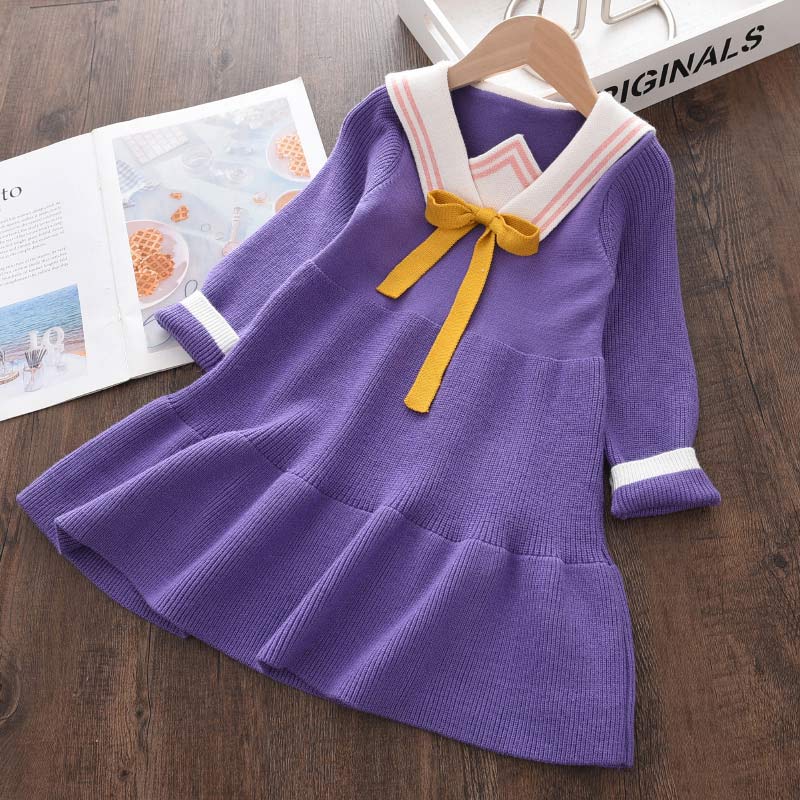 Menoea Baby Girls abiti lavorati a maglia 2021 New Infant Kids maglione a maniche lunghe abito Polka Dot Bow inverno autunno abiti abiti 3-7Y: AH5734Purple / 7T