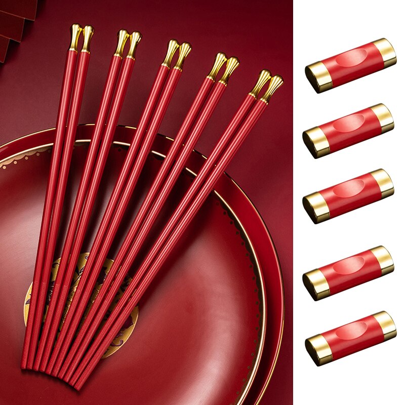Juego de palitos chinos de estilo chino, palitos de Sushi rojos, palitos reutilizables, soporte antideslizante para cocina, cubiertos de comedor, 5 uds.: chopsticks 2