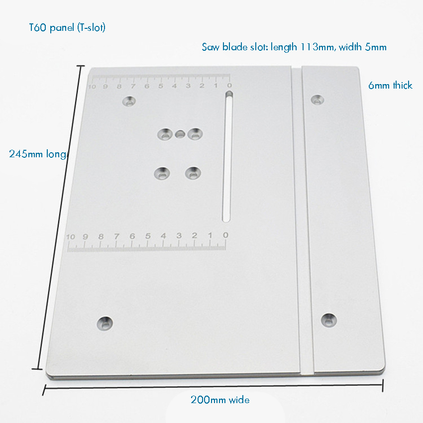 T60 aluminiumsfræserbordindsatsplade , 245 x 200 x 6mm,  fremstillet af aluminiumslegering, holdbar, til bordsav træbearbejdningsbord