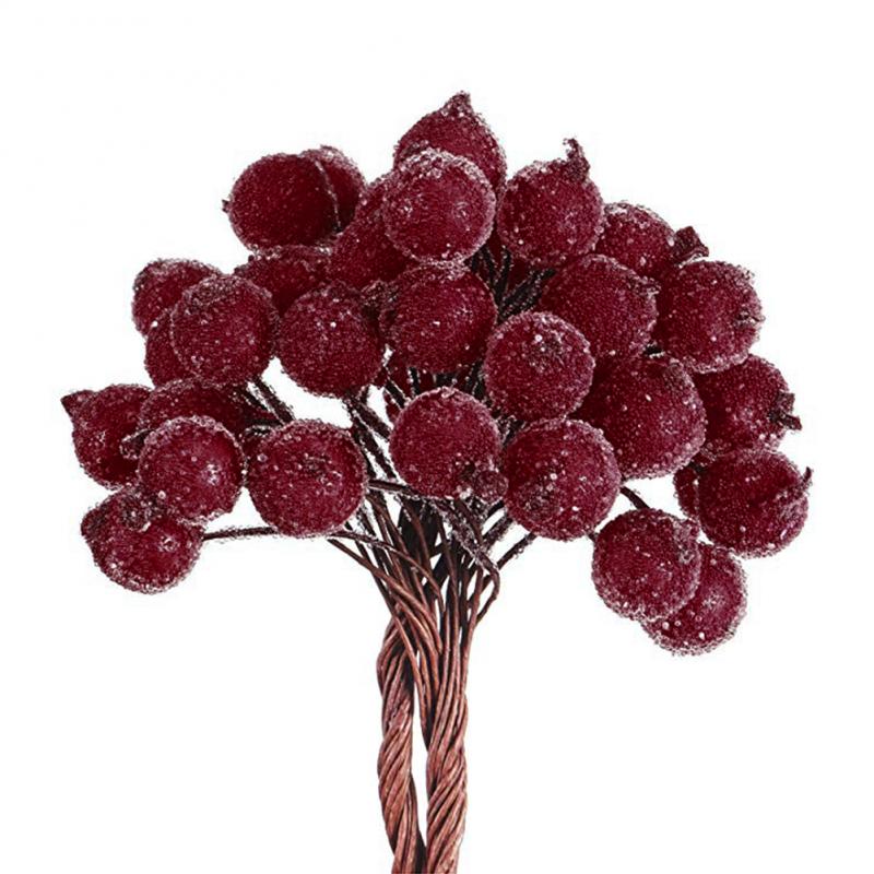 40 st mini jul skum frostat frukt konstgjord levande röd järnek bär blomma heminredning bord hushålls dekoration vacker: Mörkröd