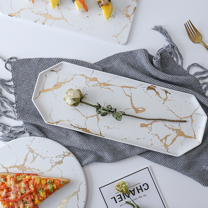 Marmer Matte Goud Zwart En Witte Keramische Servies Plaat Koude Schotel Plaat Westerse Steak Plaat Fruitschaal Sushi Platepizza Plaat