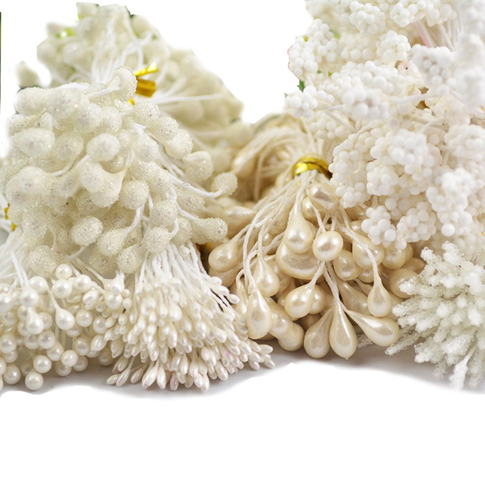 540pcs Verschillende Kunstmatige bloem meeldraden Parel Dubbele Heads Bloem Meeldraden Stamper: White