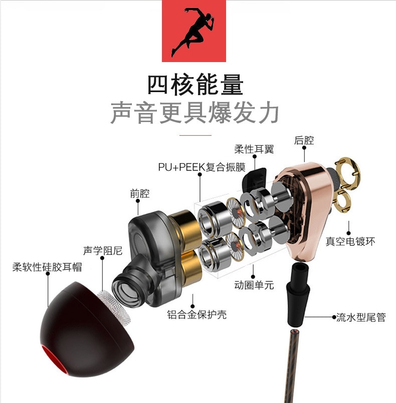 Ptm P12 Quad-core Double Moving Coil In-ear Headphones T22-by-Wire Bass with Wheat Mobile Phone Earplug