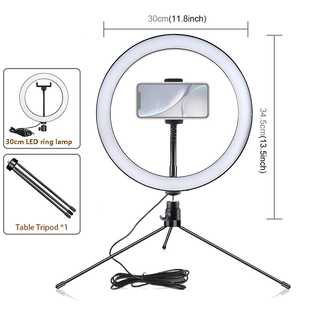 LED Ring Flash Lights with Holder for Iphone Xiaomi Huawei Samsung phones LED Flash Lamp with Ball Head for Tripod Bloggers: 30cm lamp and tripod