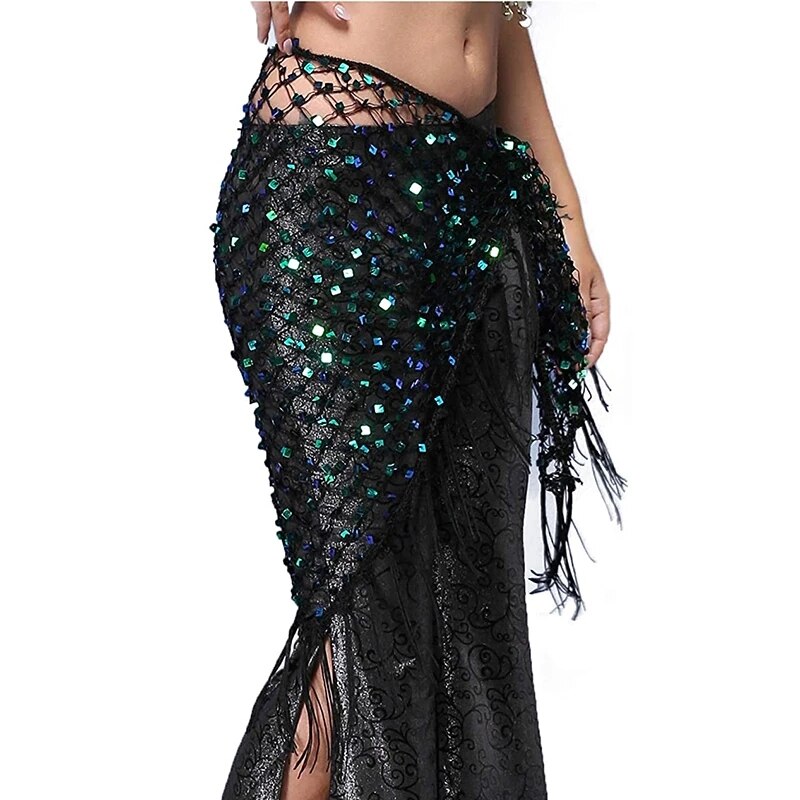 Accessoires de danse du ventre vert/or/argent, Crochet brillant, ceinture à paillettes, écharpe de hanche, enveloppes de pompon pour la danse du ventre, mouchoir: black green