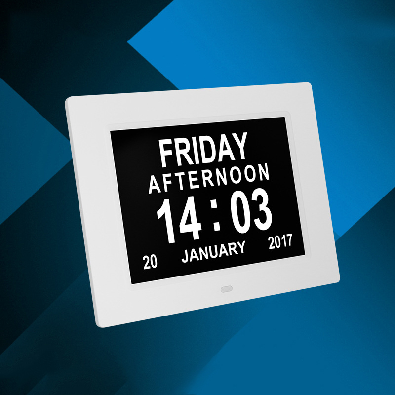 Clock Calendar with Date Day Hour 8 Inch Led Large Police Alarm for Elderly / Alzheimer and Children - White European Plug