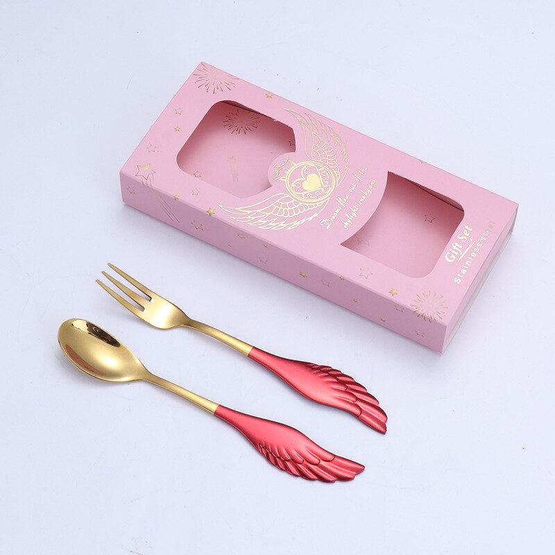 2 Pieces Dessert Spoon Fork 304 Stainless Steel Angel Wing Coffee Spoon Dessert Spoon Fruit Fork With Box: 09