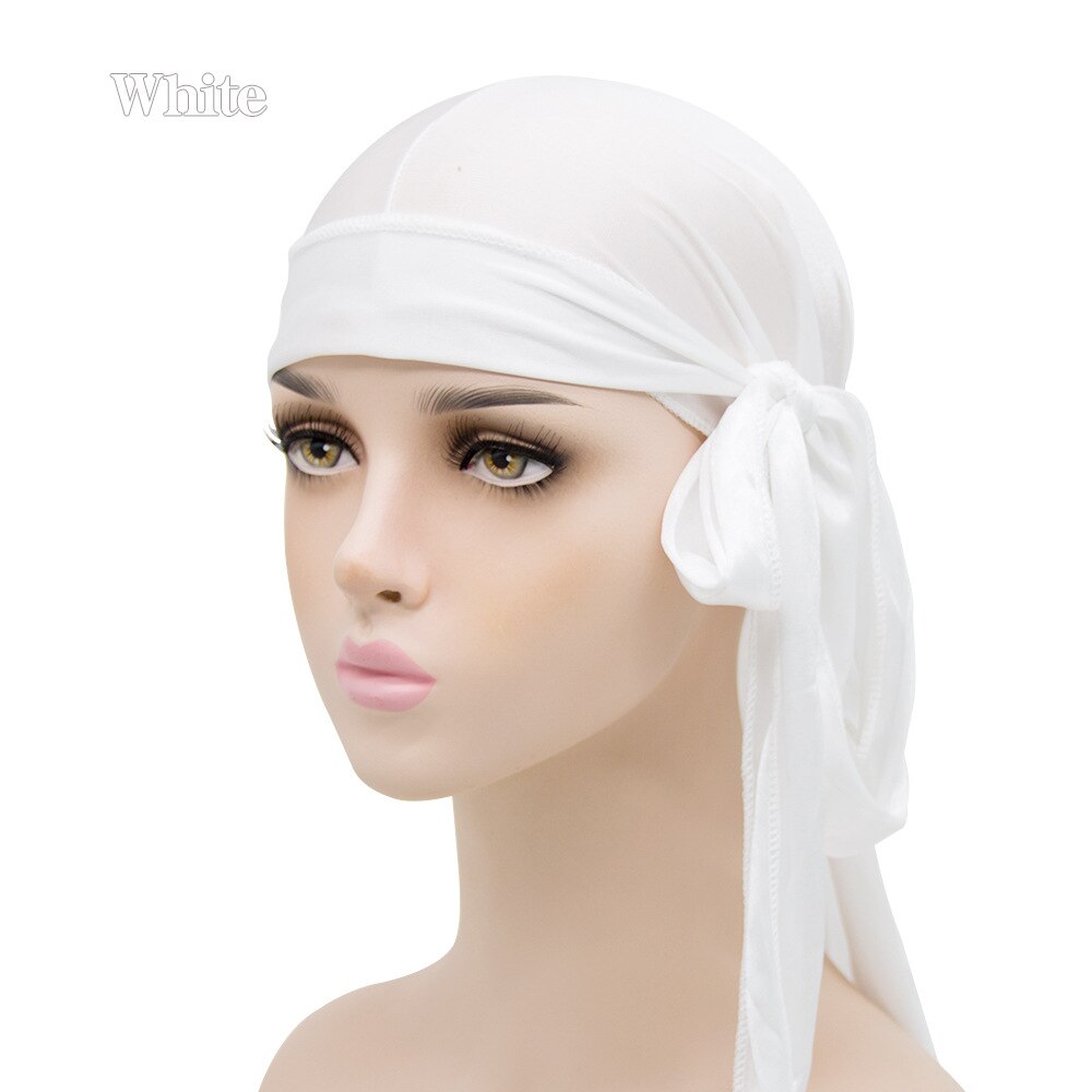 Durag do doo du chiffon en velours pour hommes et femmes, chapeau Bandana respirant, longue queue, couvre-chef chimio, couleur unie,: White