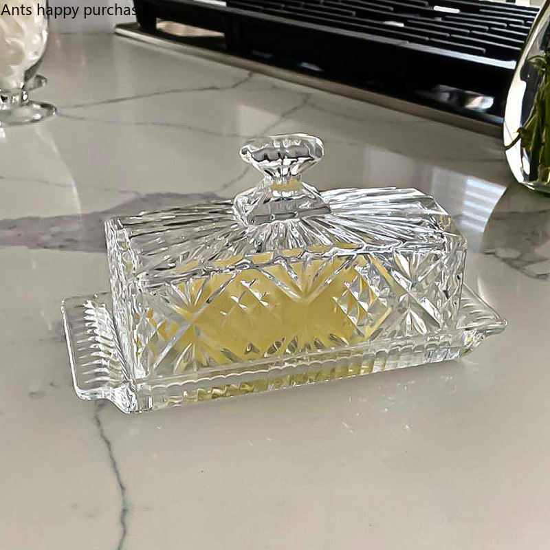 Beurrier en verre de cristal, plat à beurre rectangulaire avec couvercle, boîte à beurres, bol à beurrier, plat à Dim Sum, plat à gâteau, assiette à Dessert