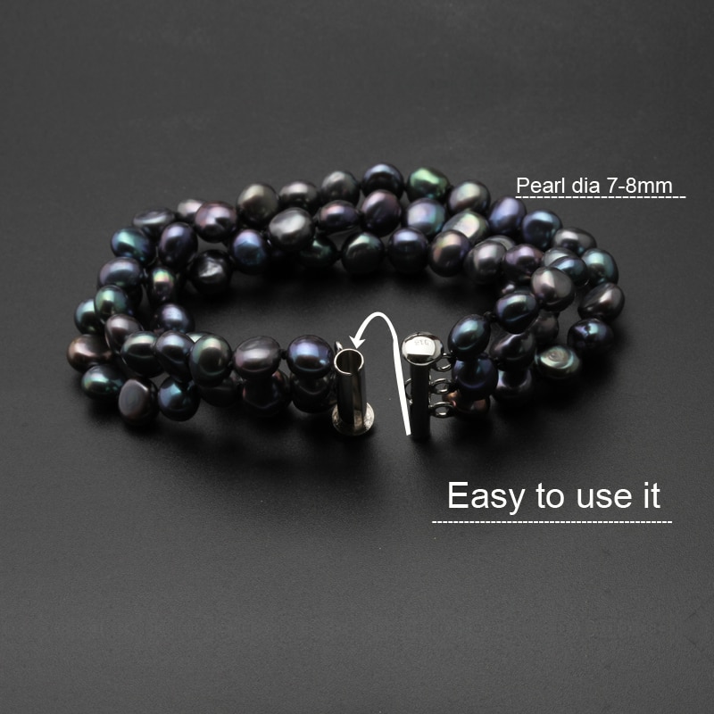 Pulsera de perlas naturales de agua dulce para mujer, brazalete de perlas negras, joyería,