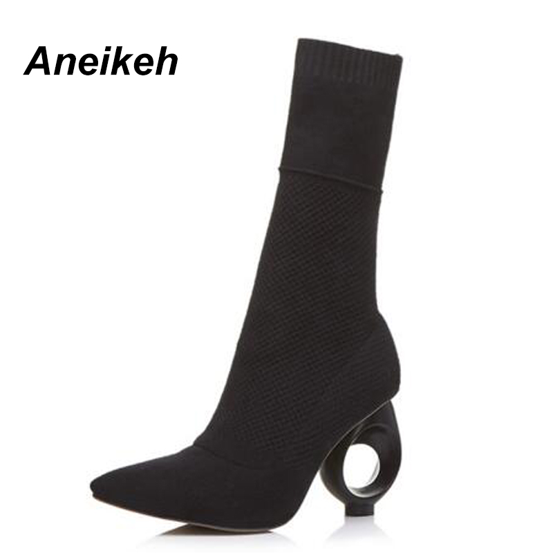 Aneikeh Trendy Stretch Sok Laarzen Enkel Lange Vreemde Fretwork Hakken Puntige Gebreide Laarzen Maat 34-40 Zwart abrikoos
