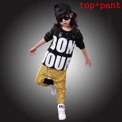 Child hip hop jazz modern dance Paillette clothing hip hop kids Sequined t shirt performance wear child costume: Gold / XXXL