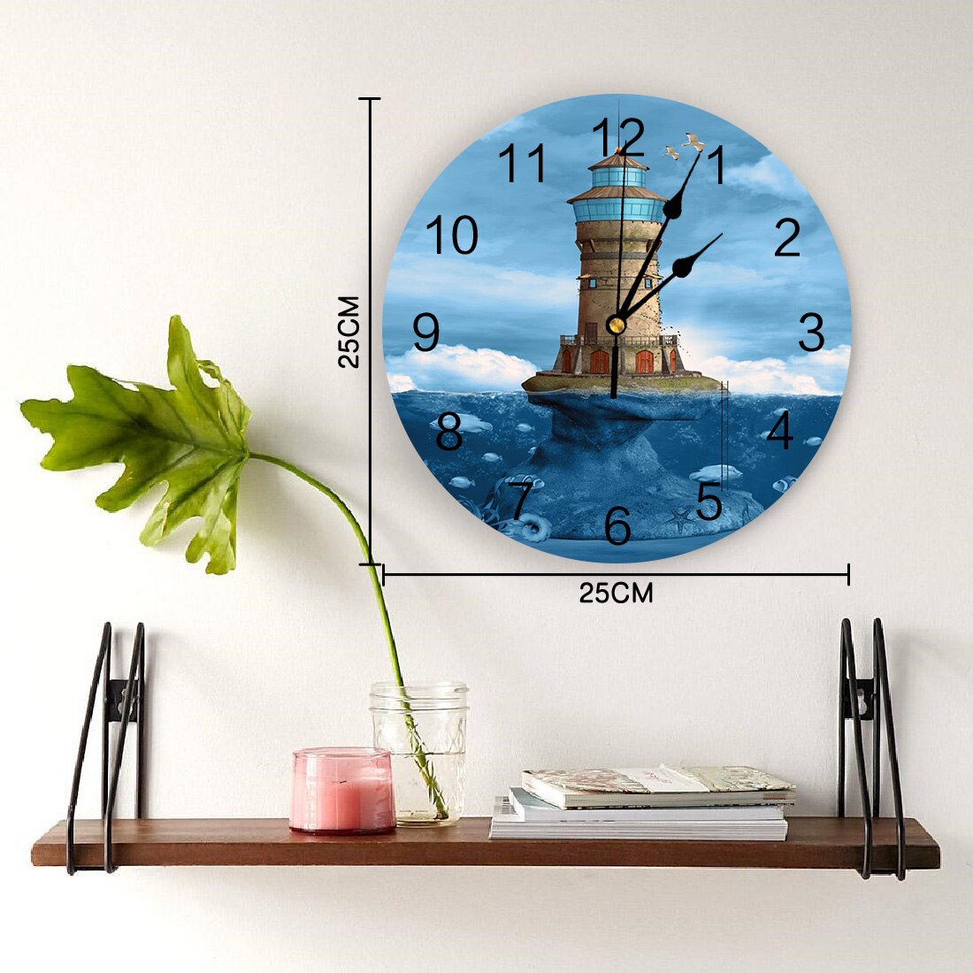 Sea Blue Lighthouse Coral Fish PVC Wall Clock Wall Digital Clock Home Decor Wall Clock Modern Living Room Decor