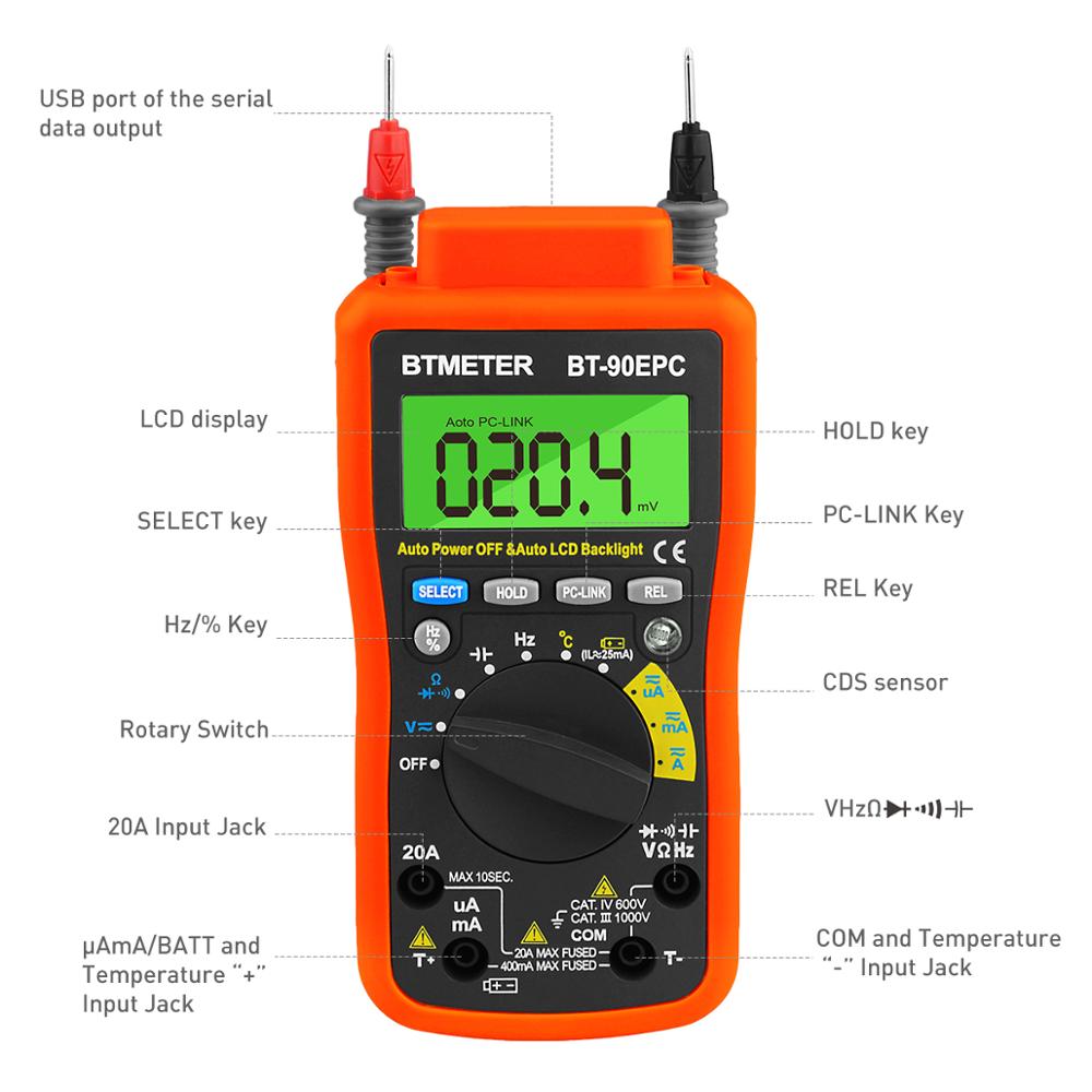Digital Multimeter BT-90EPC Auto Range Avometer DMM 4000 Counts With USB PC-Link,AC&DC Voltage Current Auto Backlight/power off