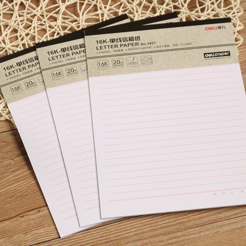 Papelaria deli 3427, papel timbrado 10 pces, manuscrito, 16k única linha de papelaria, papel papelaria de escritório