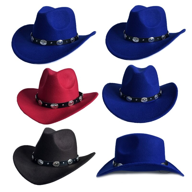 Womem Men Western Cowboy Hat With Wide Brim Punk Belt Cowgirl Jazz Cap With Leather Toca Gentleman Sombrero Cap