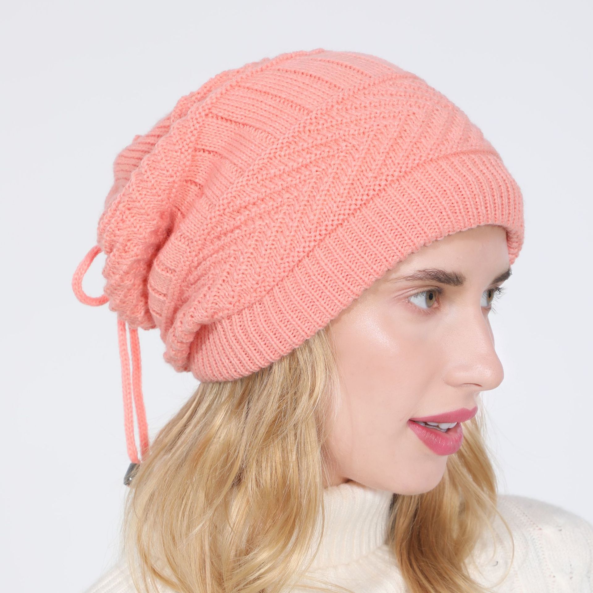 Gorro de punto elástico para mujer, bufanda de redecilla lisa, cálido, para Otoño e Invierno: Pink