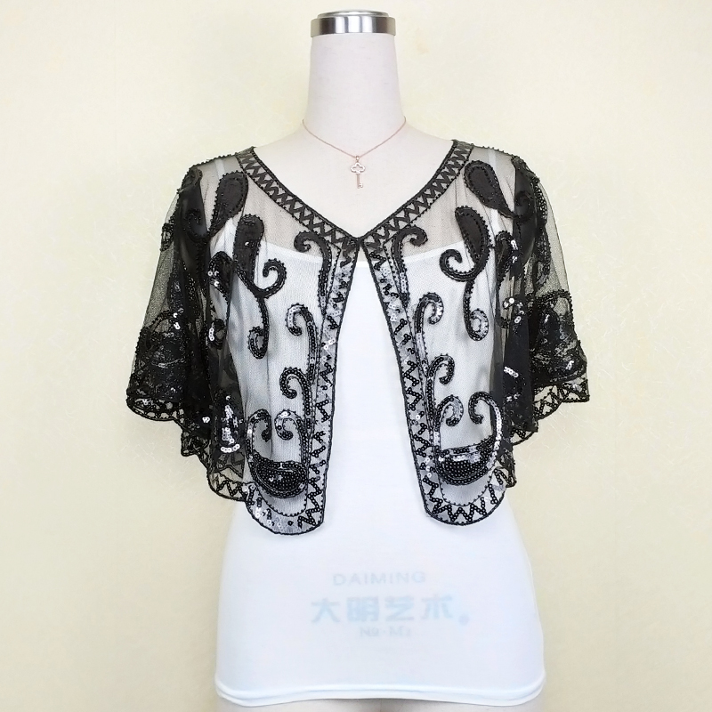 Capa de boda con cuentas de lentejuelas para mujer, Bolero, Capa, color negro, dorado y plateado, 5 colores
