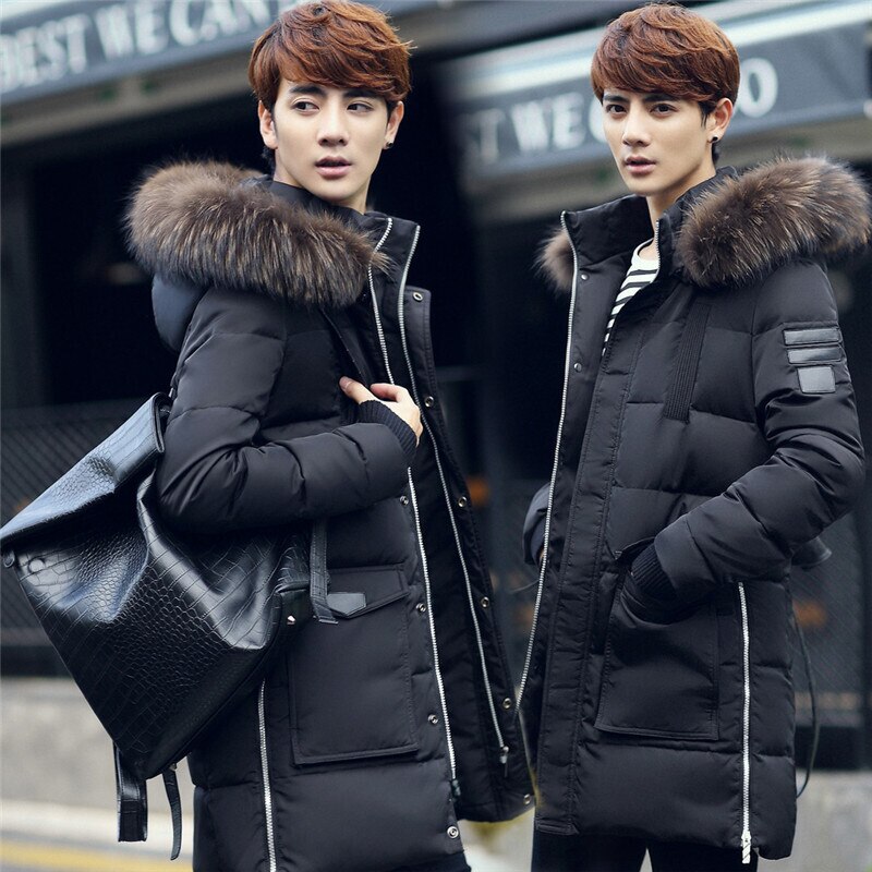 Herfst winter heren lange jas parka heren warme casual parka jas middellange dikke muts jas: Zwart / M