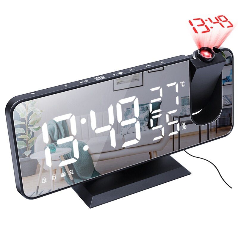 FM Radio LED Digital Smart Alarm Clock Watch Table Electronic Desktop Clocks USB Wake Up Clock with Projection: Black