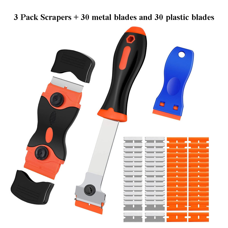 Raspador de lâmina de barbear, raspador de vidro de dois gumes com lâminas de plástico de metal, raspador multiuso para remover decalques adesivos: YELLOW