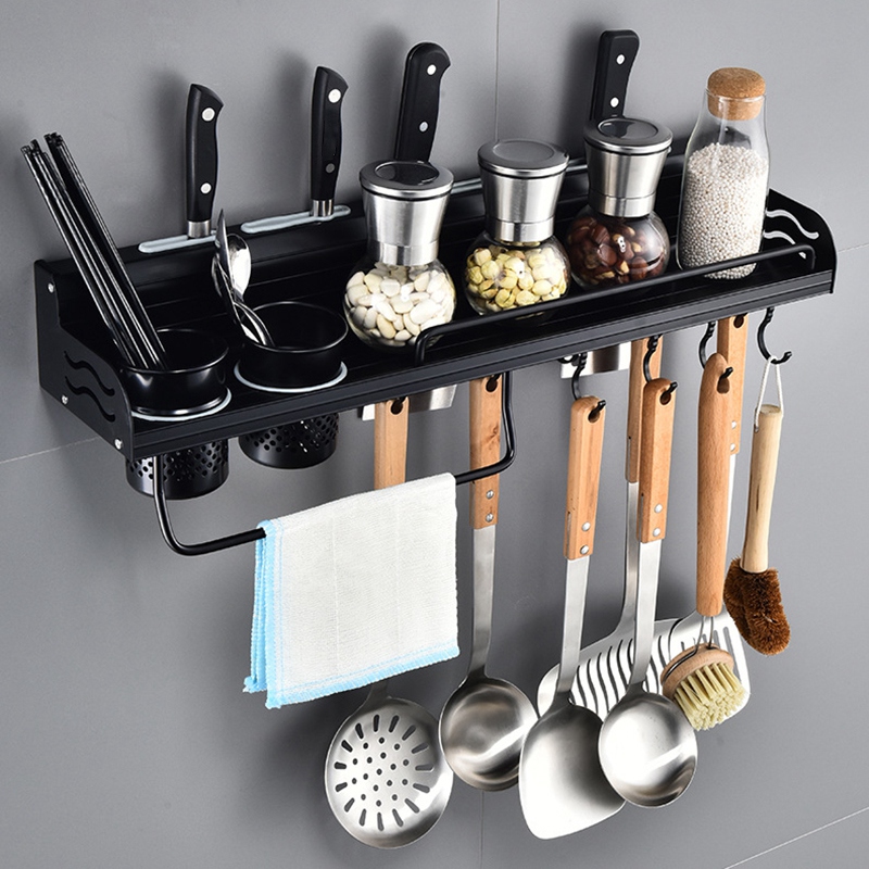 Suporte de parede para utensílios de cozinha, prateleira preta organizadora para talheres e molho, vara de armazenamento
