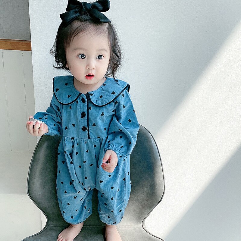 Combinaison en velours côtelé à manches longues pour fille, vêtement imprimé à revers, col rond, ample, rétro, pour bébé, automne: Blue / 80