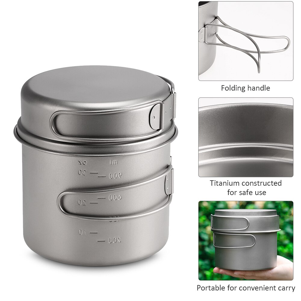 Titanium Pot Pan Set Super Titanium Cup Water Cup Lightweight Camping Cookware Set Portable Cooking Tool with Folding Handle