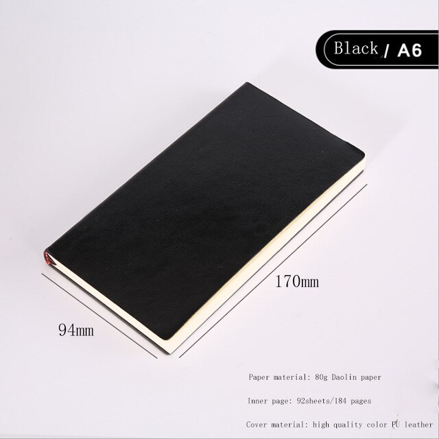 A5 A6 B5 Drie Maten 4 Stijlen 5 Kleuren Grote Business Diary Leather Soft-Copy Notebook Verhogen Dikke Notebook: A6 Black