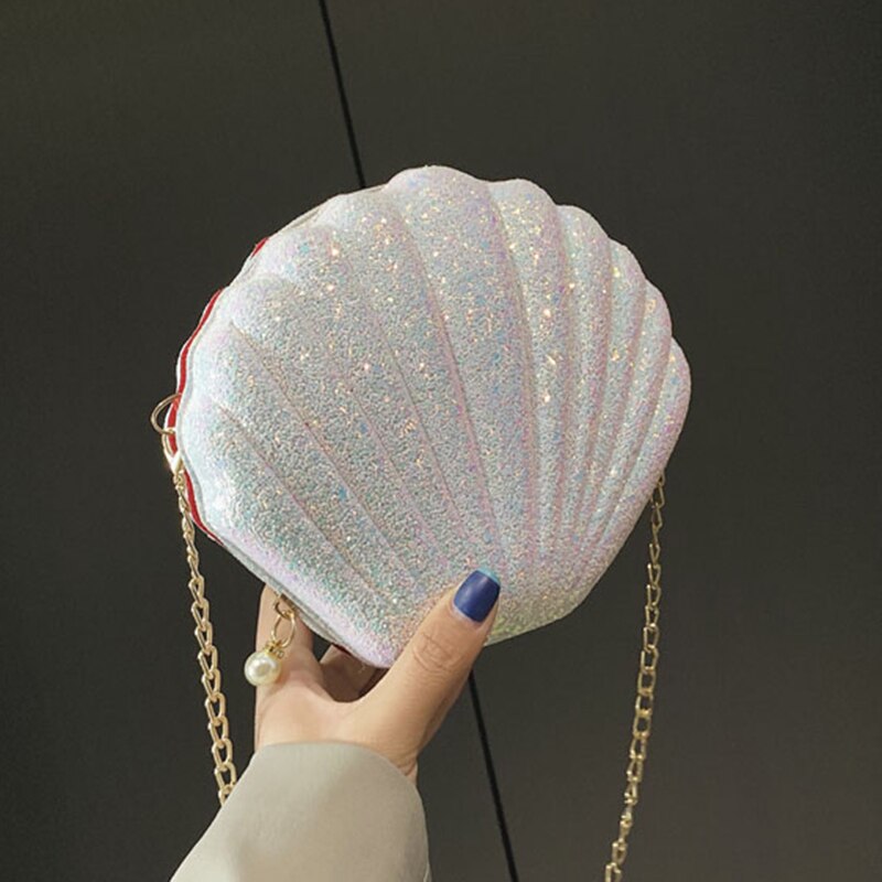 Women Girls Little Mermaid Seashell Purse Cross-Body Shoulder Bags Glitter Sequins Chain Evening Purse