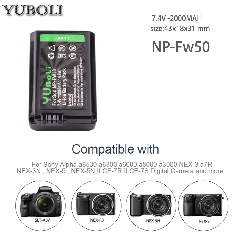 Yuboli 2000Mah NP-FW50 Np Fw50 Batterij Akku + Led Dual Usb Charger Voor Sony A37 Alpha 7 7R Ii 7S A7S A7R Ii A5000 NEX-7 DSC-RX10