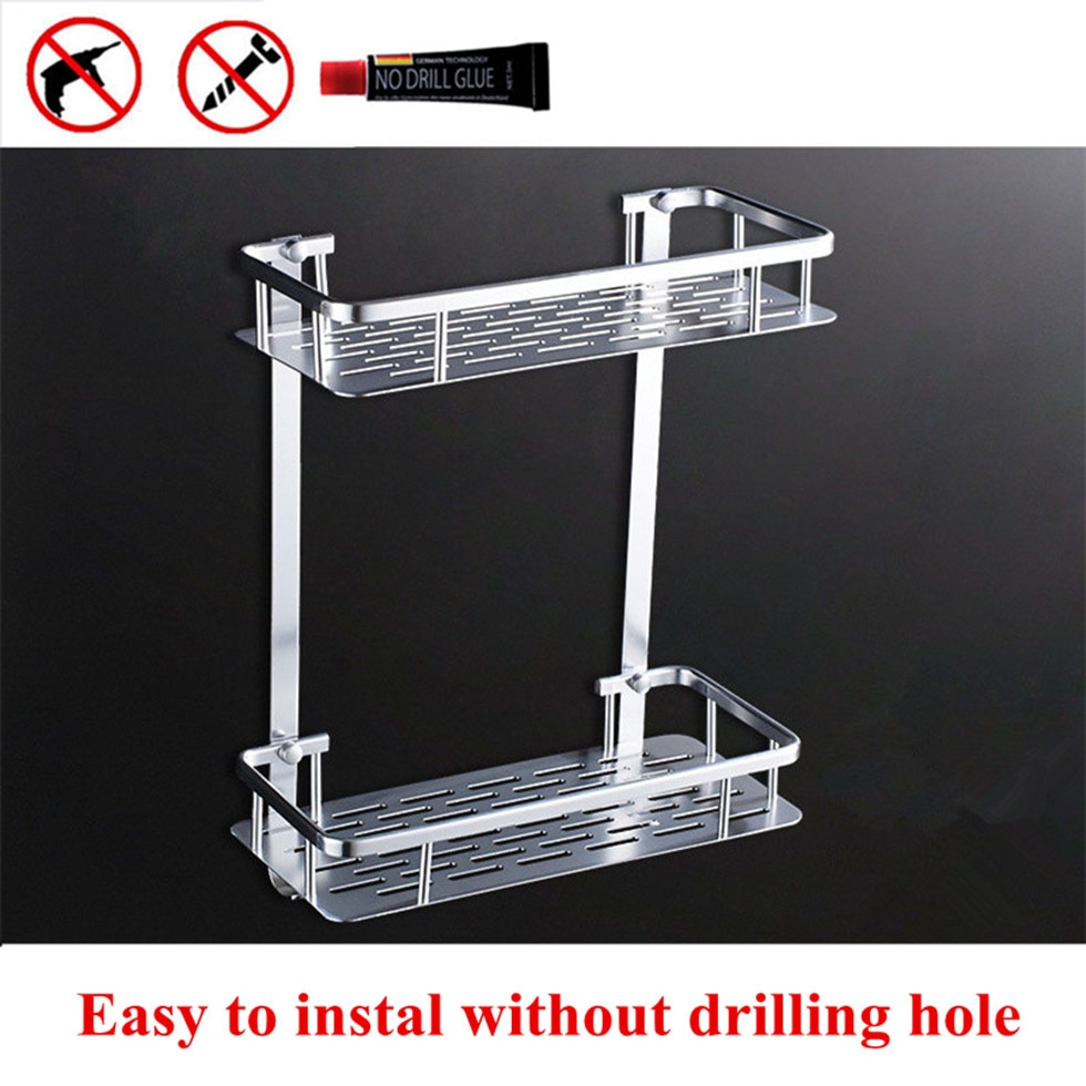 Badrumsvägg fyrkantiga hyllor aluminium korg hylla rack ett två lager dusch caddy köksställ etagere väggmålning banheiro
