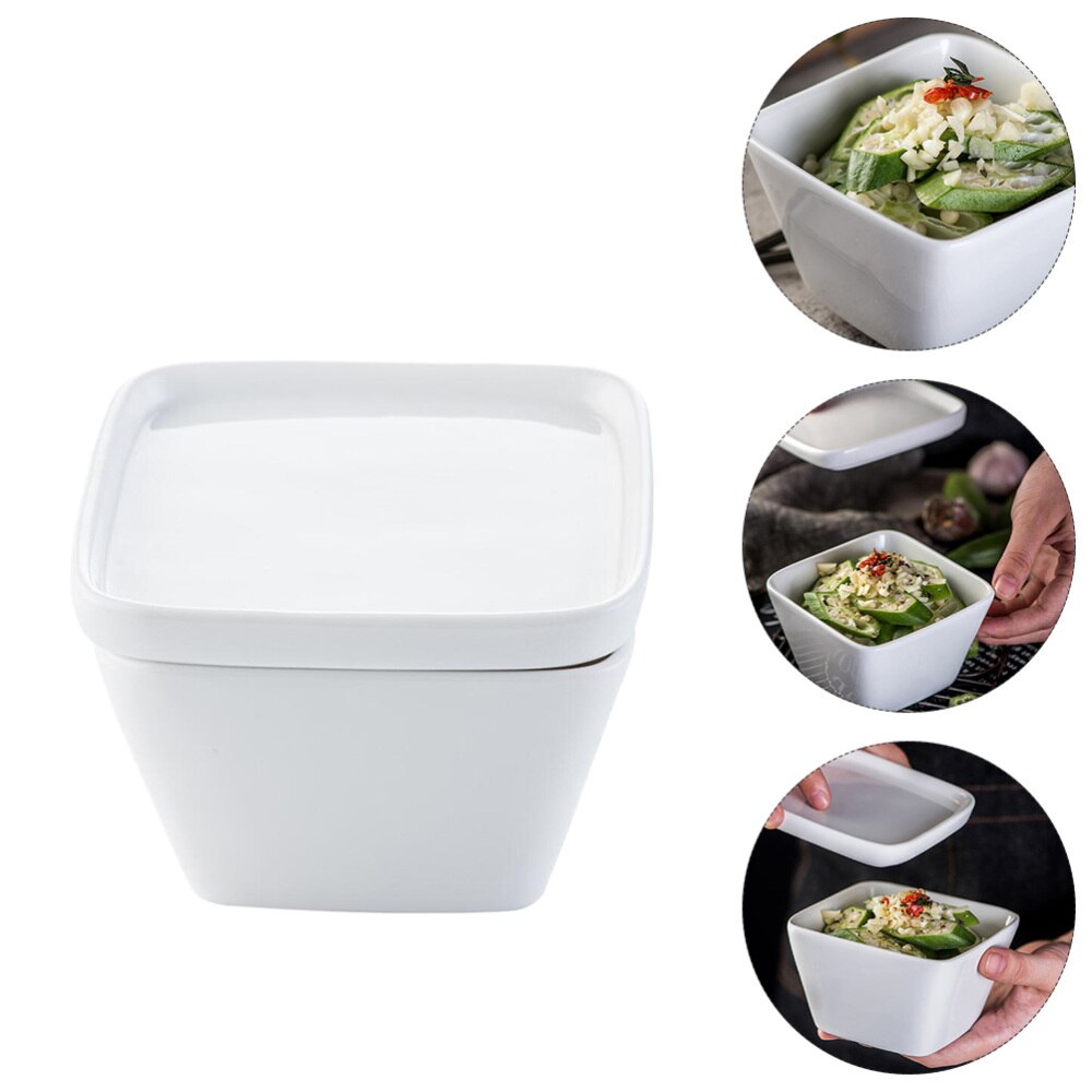 1Pc Keramische Vierkante Vorm Kom Met Deksel Salade Kruiden Container Voor Thuis (Wit)