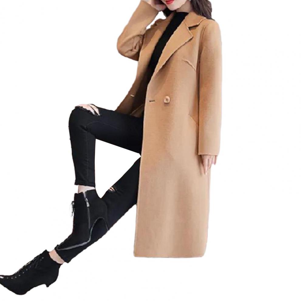 Casaco de lã monocromático feminino, Manga comprida, Dois botões, Bolsos, Lapela, Elegante, Casacos, Moda, Outono, Inverno: XL / CAMEL