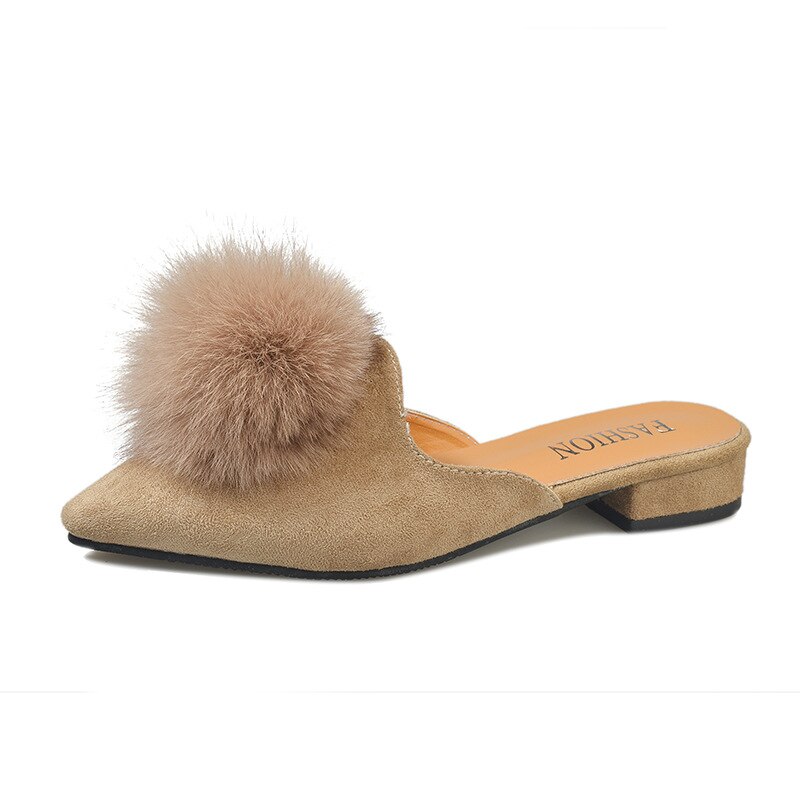 Merk pompon muiltjes schoenen dames slippers bontbal slippers dames puntige neus muiltjes sandalen platte slippers winter pluizige bont schoenen: Khaki / 6.5