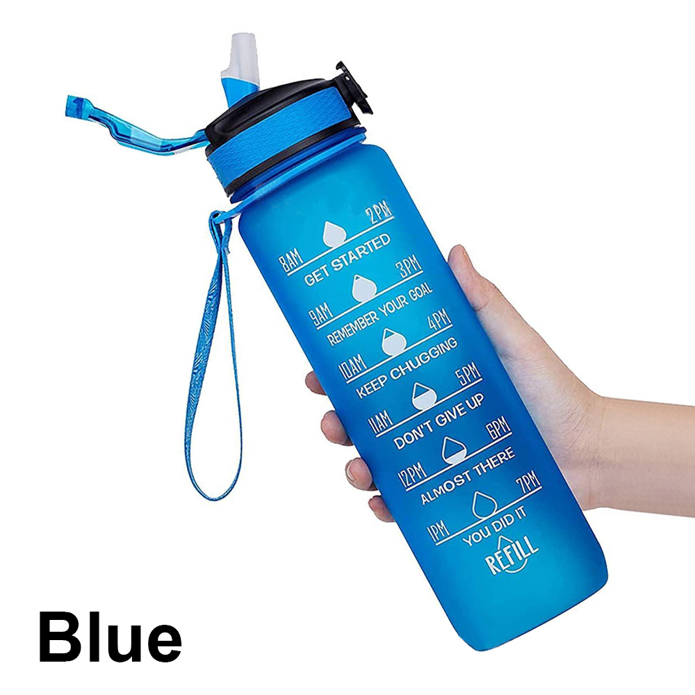 32 Oz Leakproof Drinking Water Bottle Carry Strap Straw Leak Proof Sport Water Jug for Hiking Fitness Outdoor Camping: Blauw