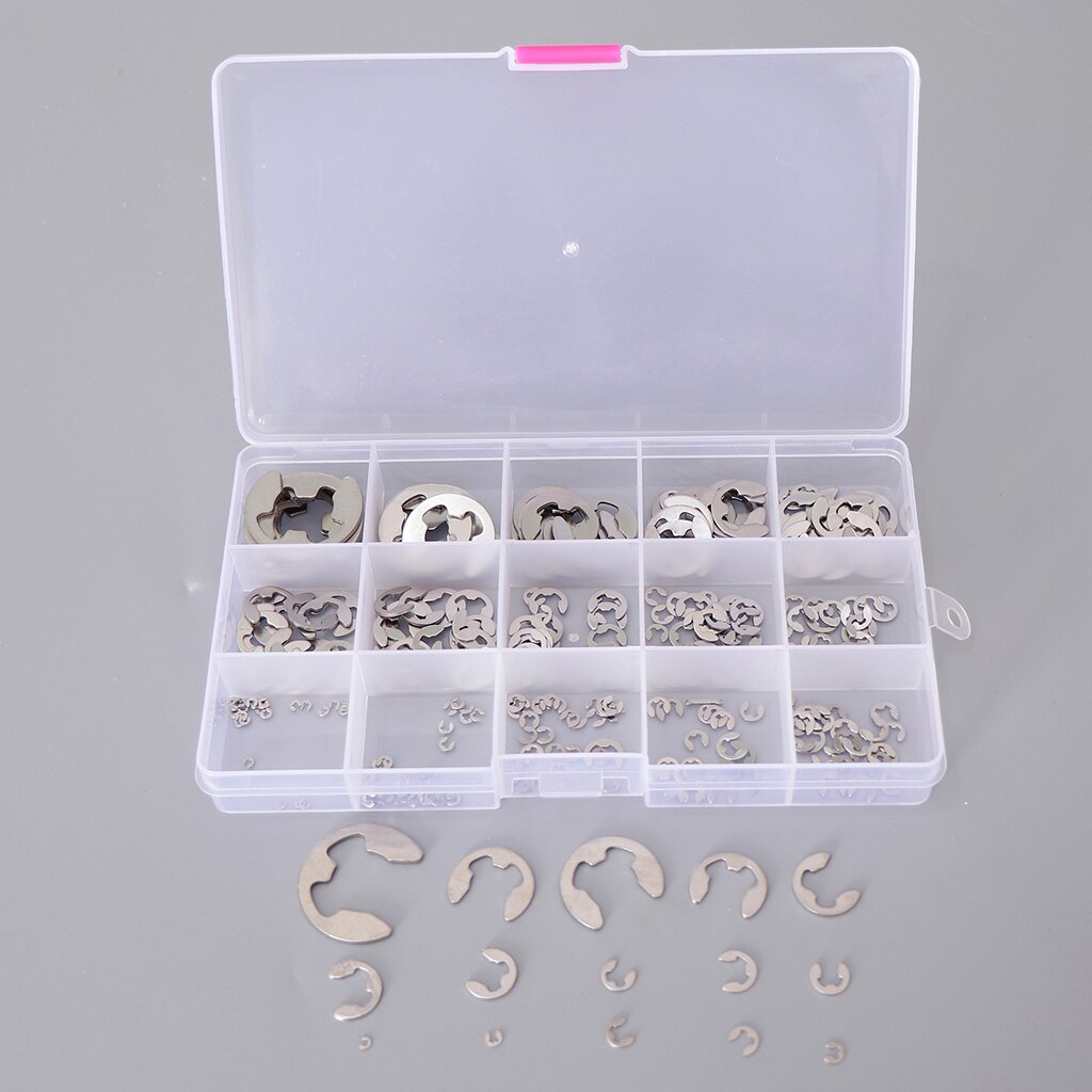 304 Stainless Steel E-Clip External Retaining Ring Circlip Assortment 15 Size,1.2 to 15mm//225Pcs